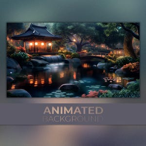 Fondo animado, Crepúsculo en Kioto, Flores al atardecer, Reflexiones zen, Puente tranquilo, Fondo de Twitch Stream Zoom Vtuber