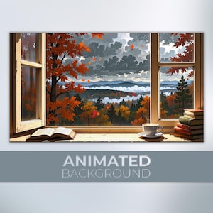 Puede incluir: Una ventana abierta revela un vibrante paisaje otoñal con un árbol en pleno color de otoño. Una taza de café está sobre un platillo junto a una pila de libros. Un libro abierto descansa en el alféizar. El texto "ANIMATED BACKGROUND" está en la parte inferior.