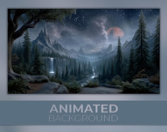 Geanimeerde achtergrond, verduisterde sciencefiction, Mystic Mountain Night, door sterren verlicht bos, waterval Haven, Twitch Stream Zoom Vtuber-achtergrond