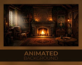 Animated Background, Celtic Hearth Room, Medieval Fireplace Interior, Fantasy Cabin Lodge, VTuber Background