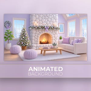 Può includere: Un soggiorno con un camino in pietra bianca con fuoco acceso, un albero di Natale decorato con ornamenti viola, un divano bianco con cuscini viola, due pouf lavorati a maglia viola e un tavolino in legno su un tappeto bianco.