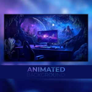 Animated Background, Galaxy Workstation, Interstellar Office, Cosmic Gaming Cave, Space Gaming, Twitch Stream Zoom Vtuber Background