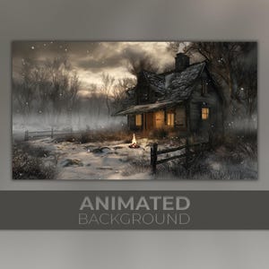 Peut inclure: Une impression d'art numérique d'un paysage enneigé avec une cabane rustique, des fenêtres éclairées et une cheminée. Un petit feu brûle devant la cabane. Le texte "ANIMATED BACKGROUND" est en bas.