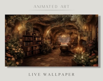 Animated Background, Witch Library, Sorcerer's Study, Mystical Cauldron, Magical Refuge, Twitch Stream Zoom Vtuber Background