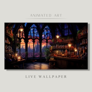 May include: A dimly lit, gothic-style bar with a stained glass window overlooking a cityscape at sunset. The bar is stocked with bottles of various liquids and has a counter with a few glasses and a bowl of fruit.