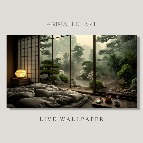 Animated Background, Japanese Garden After Rain, Cloudy Day, Japanese Interior, Rain Outside The Window, Stream Background Overlay, Twitch