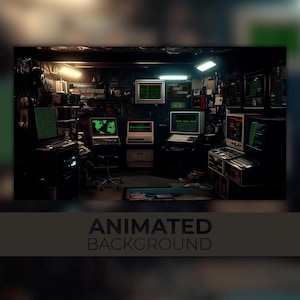 Könnte beinhalten: Ein schwach beleuchteter Raum mit mehreren Computermonitoren, die grünen Text anzeigen. Der Raum ist gefüllt mit Vintage-Computerausrüstung, darunter eine Tastatur, ein Drucker und ein Server.