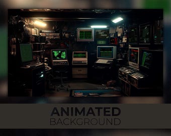 May include: A dimly lit room with multiple computer monitors displaying green text. The room is filled with vintage computer equipment, including a keyboard, a printer, and a server.