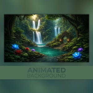 May include: An animated background image depicting a tropical paradise with waterfalls flowing into a turquoise river. The scene features colourful flowers and a stone archway. The text "ANIMATED BACKGROUND" is displayed at the bottom.