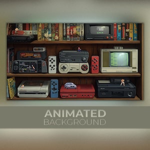 アニメーション背景、レトロなゲーム機の棚、90年代のビデオゲームルーム、昔ながらのゲーム、カートリッジ時代、TwitchストリームのZoom Vtuber背景