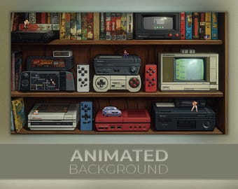 Animated Background, Retro Console Shelf, 90s Video Game Room, Old School Games, Cartridge Era,  Twitch Stream Zoom Vtuber Background