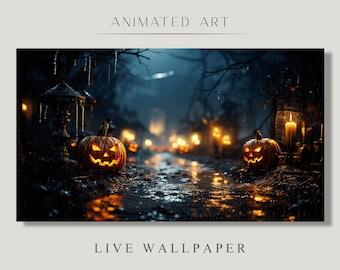 Animated Background, Halloween Season, Rainy Autumn, Mystic Night, Wet Pumpkins, Spooky Mood, Twitch Stream Zoom Vtuber Background