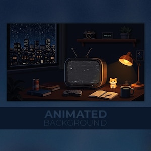 May include: A digital illustration of a desk at night featuring a vintage television with static, a game controller, a notebook, a pen, a mug, a soda can, books, a small dog figurine, and a desk lamp, with a rainy city view through a window.