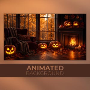 Fundo animado | Sala de estar aconchegante de Halloween | Abóboras iluminadas, lareira de outono e floresta outonal | Vídeo MP4