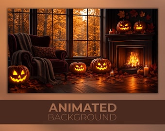 Animated Background | Cozy Halloween Living Room | Glowing Jack O Lanterns, Autumn Fireplace & Fall Forest | MP4 Video