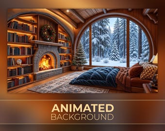 May include: An animated background featuring a cozy room with a stone fireplace, a lit fire, and built-in bookshelves filled with books. A large arched window overlooks a snowy forest. A bed with a blue quilt sits on a patterned rug.