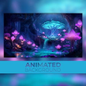 Könnte beinhalten: Eine digitale Illustration eines leuchtenden blauen und violetten Waldes mit einem Wasserfall und einem großen leuchtenden Pilzbaum. Der Wald ist gefüllt mit leuchtenden violetten Blumen und Pilzen.