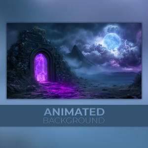 Sfondo animato, rovina del portale illuminato dalla tempesta, portale tonante, chiaro di luna mistico, tempesta al chiaro di luna, sfondo Vtuber per streaming Twitch Zoom