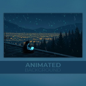 May include: An animated digital illustration featuring a hooded figure sitting on a rooftop at night, using a glowing laptop. The scene overlooks a distant city with golden lights, dark pine trees, and a rainy sky with glowing blue particles.