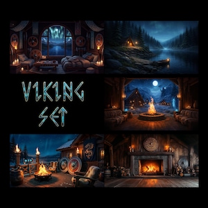 Op de afbeelding: Een digitale collectie getiteld VIKING SET met zes verschillende scènes: een slaapkamer met uitzicht op het noorderlicht, een blokhut aan een meer, een besneeuwd dorp met een kampvuur, een terras met schilden en een stenen open haard.