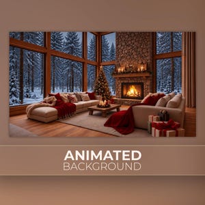 May include: A living room featuring a stone fireplace with a burning fire, a decorated Christmas tree, and beige sofas with red blankets. Large windows reveal a snowy forest landscape. Gift boxes are placed on the floor near the furniture.