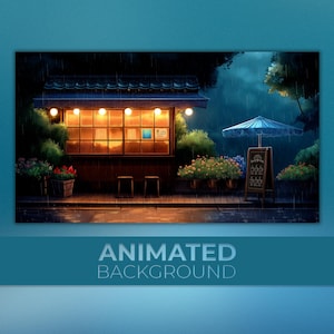 Animated Background, Rainy Night Café, Japanese Coffee Stand, Late Night Aroma, Midnight Coffee,  Twitch Stream Zoom Vtuber Background
