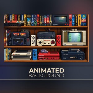 Op de afbeelding: Een houten plank met diverse retro videogameconsoles, handheld-apparaten en spelcartridges. De collectie bevat een Lumiview-monitor, Nextron-console en Playcore-systeem, allemaal gerangschikt met kleurrijke speldozen.