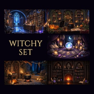 Op de afbeelding: Een digitale collage getiteld WITCHY SET met vijf scènes: een bibliotheek met een verlicht raam, een kamer met een zwarte kat en pompoenen, een tafel met een glazen bol en tarotkaarten, een ketel en een open haard met boekenplanken.