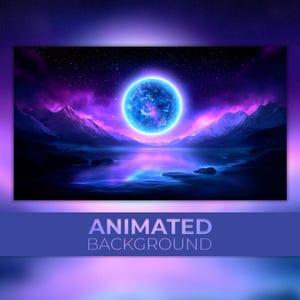 May include: Animated background featuring a blue and purple nebula-like planet in the centre, surrounded by a ring of light. The planet is reflected in a still lake in front of a mountain range. The sky is dark blue with stars and a purple haze.