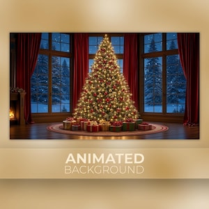 May include: A large, illuminated Christmas tree decorated with red and gold ornaments stands in a room with dark red curtains and large windows overlooking a snowy forest. Several wrapped gift boxes are placed at the base of the tree.