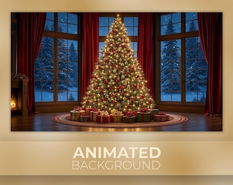 May include: A large, illuminated Christmas tree decorated with red and gold ornaments stands in a room with dark red curtains and large windows overlooking a snowy forest. Several wrapped gift boxes are placed at the base of the tree.