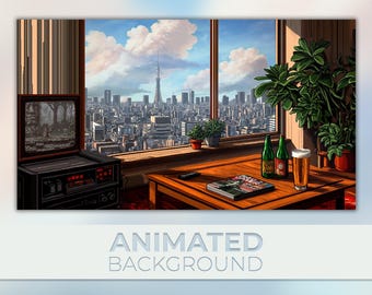 Animated Background, Retro Tokyo Apartment, 90s Game Night, Pixel Style, City View, Nostalgia Window, Twitch Stream Vtuber Background
