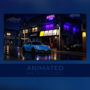 May include: A bright blue sports car parked on a wet street at night in front of a building with a sign that reads INITIAL D and Japanese characters. The scene features glowing purple and yellow lights, reflections on the pavement, and a second car.