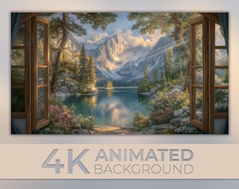 4K-animerad bakgrund, alpin himmel, gyllene timmen, avkopplande sjöatmosfär, drömmarnas fönster, lugn natur, Twitch Vtuber-bakgrundsström