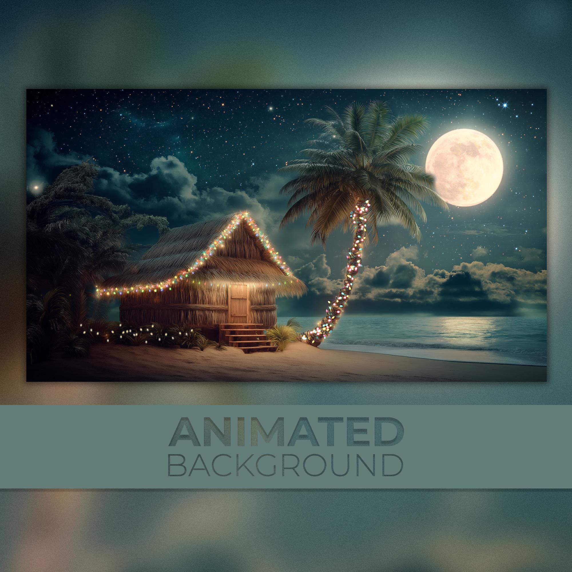 Aminated Background, Hawaii Christmas, Polynesian Hut, Tropical Island, Eve Party, Holiday House, Twitch Stream Zoom Vtuber Background