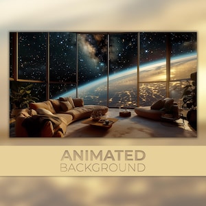Animierter Hintergrund, Space Lounge, Blick auf die Erde, Gemütlicher futuristischer Raum, Galaxy Fenster, Planet Erde, Twitch Stream Vtuber Hintergrund
