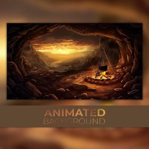 May include: A digital illustration of a campfire with a cauldron hanging over the flames inside a cave. The cave opening reveals a sunset over a mountain range.
