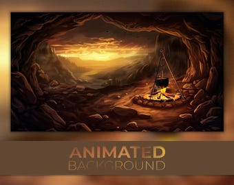 Geanimeerde achtergrond, Cavefire Valley, Sunset Cauldron, Ruig kampvuur, Cavern Cookout, Twitch Stream Zoom Vtuber-achtergrond
