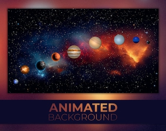 Op de afbeelding: Geanimeerde achtergrond met een donkerblauwe en zwarte ruimte scène met een rij planeten in verschillende kleuren en maten. De planeten bewegen over het scherm. De tekst "ANIMATED BACKGROUND" staat onderaan de afbeelding.
