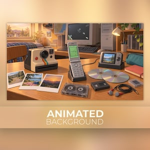 May include: A desk setup featuring a vintage instant camera, a flip phone in a charging cradle displaying a snake game, a digital photo frame, two compact discs, a cassette tape, a mini DV tape, and wired earbuds with red accents.