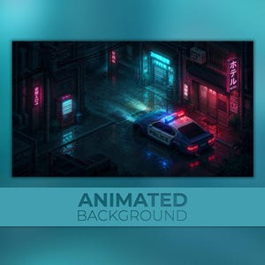 May include: An isometric digital illustration of a police car parked on a wet city street at night. The scene features neon signs in Japanese, a red vending machine, and glowing blue and red emergency lights reflecting on the dark pavement.