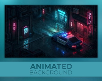 Animated Background, Neon Police Chase, Cyberpunk Alley, Rainy Pixel City, Twitch VTuber Background