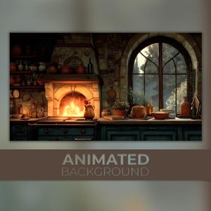 Animerad bakgrund, mysigt rustikt kök, fridfull matlagning, vedugn, stormig komfort, lantliga drömmar, Twitch Stream Vtuber-bakgrund