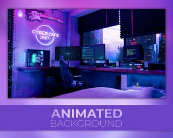 May include: A neon sign reading "Cyber Cafe 24/7" hangs on a wall in a room with a desk, a computer, and a bed. The room is lit with purple and blue lights. The window behind the desk shows a futuristic cityscape.