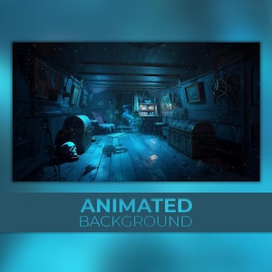 Peut inclure: Illustration numérique d'un intérieur de navire pirate, éclairé par une lumière bleue. La scène comprend des planchers en bois, des coffres au trésor, un crâne et une silhouette fantomatique. Le texte "ANIMATED BACKGROUND" est affiché en bas.