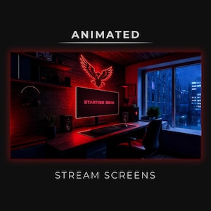 Peut inclure: Un écran d'ordinateur affichant le texte STARTING SOON en rouge, posé sur un bureau dans une pièce sombre. Au-dessus de l'écran, un graphique d'aigle rouge lumineux est fixé sur un mur de briques. L'ensemble inclut clavier, souris et enceintes.