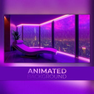 Animated Background, Cyber Penthouse, Neon Rain, Night City View, Futuristic Lounge, Cyber Luxury, Twitch Stream Zoom Vtuber Background