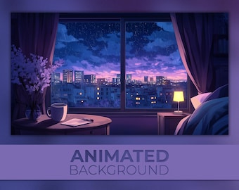 Vtuber animierter Hintergrund, dunkelviolettes Schlafzimmer, gemütliche regnerische Nacht, warmes Licht, trauriger Lo-Fi-Raum, Chill Vibes, Twitch Stream Vtuber Hintergrund