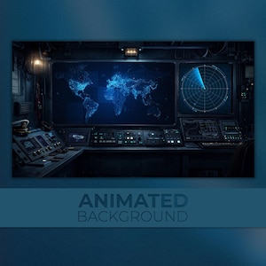 May include: A dark, detailed illustration of a control room with a world map and radar display on large screens. The image features a blue and black color scheme, with the text "ANIMATED BACKGROUND" at the bottom.