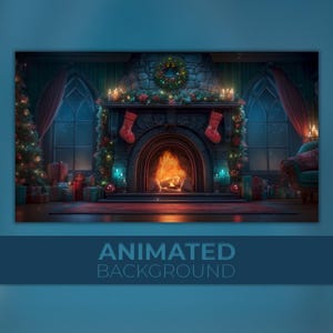 Può includere: Uno sfondo natalizio animato con un camino con un fuoco scoppiettante, decorato con calze, candele e una ghirlanda. Sono visibili un albero di Natale e regali confezionati. Il testo "ANIMATED BACKGROUND" è in basso.